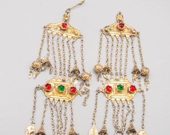 Antique Pair of Djerba Temporal Ornaments, Tunisia – Gilt Silver Slalem – Berber Bridal Headdress Jewelry – Mid-20th Century