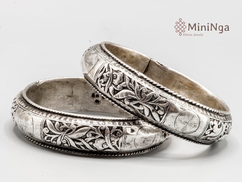 Vintage Silver Repoussé Bracelets – Chinese Floral Shòu Symbol Pair image 1