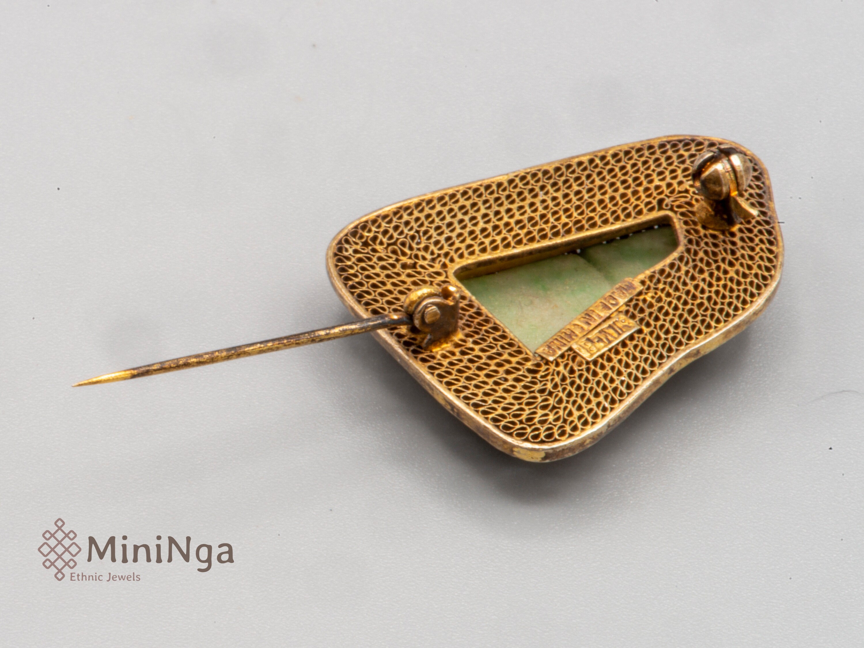 Grande Broche Ancienne En Argent Et Jade - Origine Chine - Occasion - Bijou Vintage Ethnique
