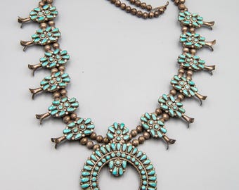 Vintage Zuni Squash Blossom Necklace by Valentino & Matilda Banteah – Sterling Silver and  Genuine Turquoise – Signed V.M.B.