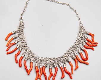 Colar raro de coral cabila mediterrâneo – Colar com franjas em prata de lei – Joias berberes argelinas antigas
