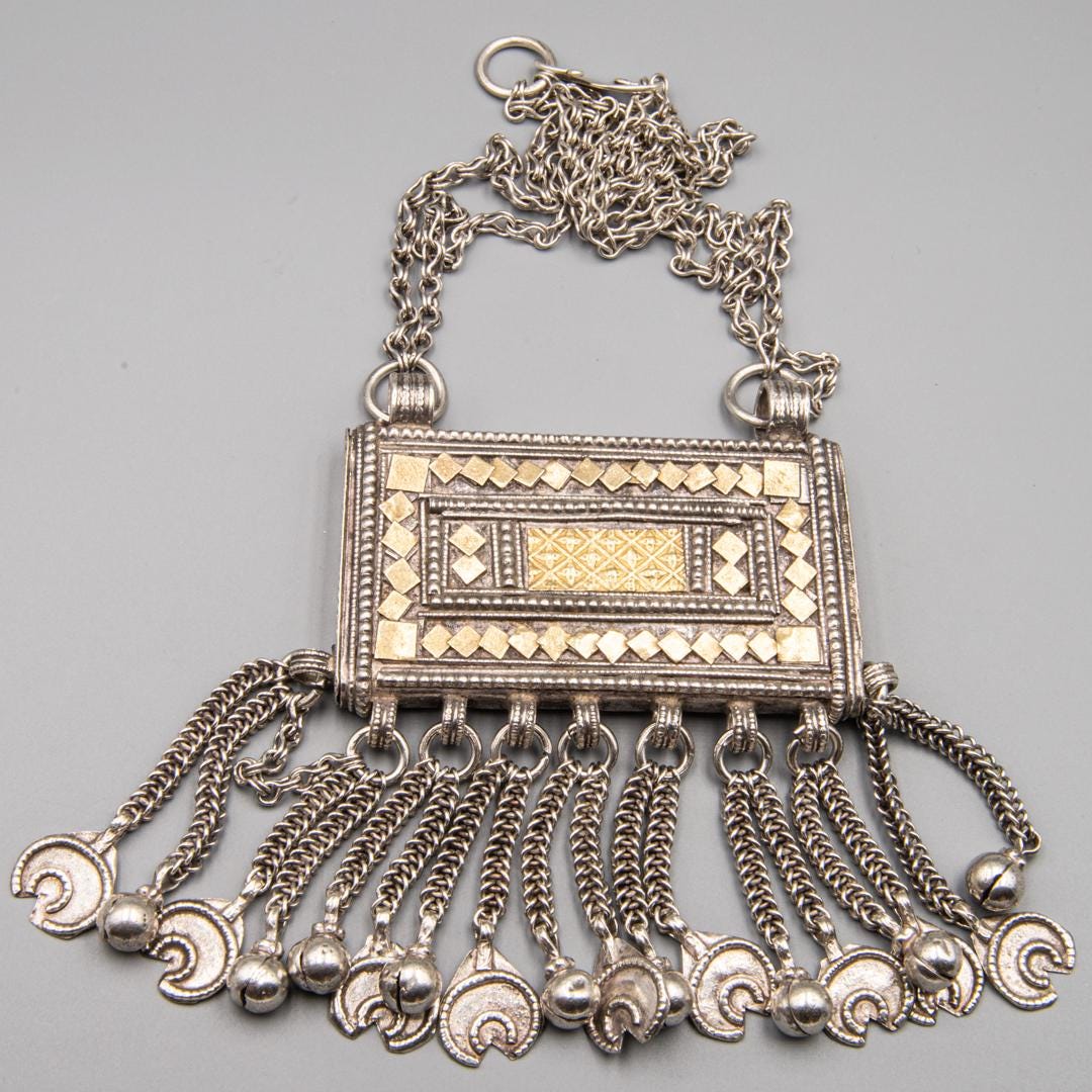 Omani Silver Amulet Box (hirz) Necklace With Applied Gold Plaque