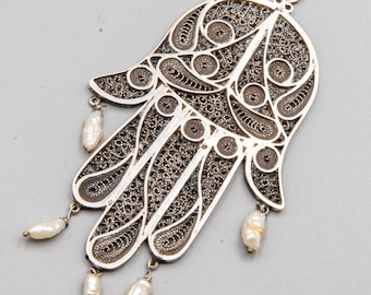 Large North African Silver Khamsa Hand Pendant with Filigree & Natural Freshwater Pearls – Tunisian Hamsa Amulet
