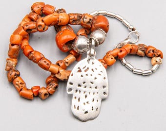Antique Moroccan Coral Bead Necklace with Tunisian Silver Khamsa – Natural Mediterranean Coral – Protective Hamsa Pendant