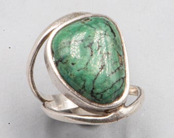 Sterling Silver Ring with Green Stone – Probably Turquoise – Modernist Statement Ring