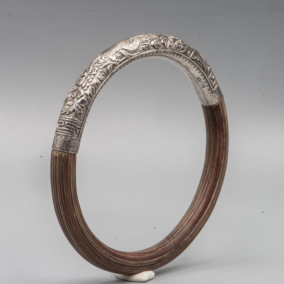 Vintage Chinese Silver Bamboo Rattan Bangle Bracelet - True Ethnic