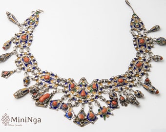 Collier Ancien Argent Corail émail Kabylie XIXème Siècle - Occasion, Bijou Ethnique Vintage