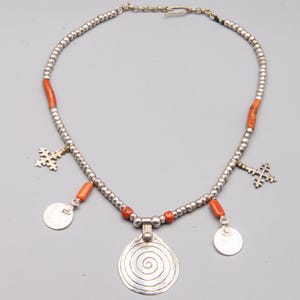 Delicate coral necklace from Morocco with ethnic silver charms and silver beads - vintage tribal jewelry