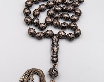 Egyptian Black Coral (Yusr) Masbaha – 33 Beads with Silver Inlay – Upper Egypt Vintage Tesbih