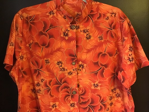 Vintage Orange Floral Tea timer Hawaiian Blouse s… - image 1