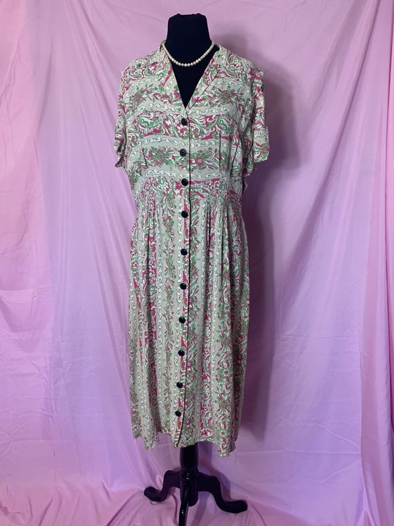 Vintage 1940s Cold Rayon Dress, Large, Gray, Pink