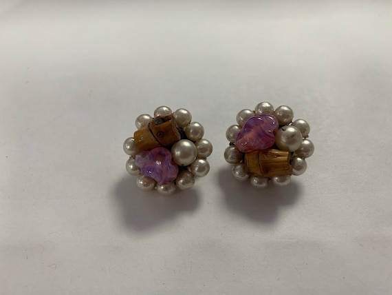 Vintage Clip On Earrings- bamboo, pink, Pearl, Ti… - image 1