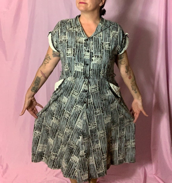 FUN Vintage 50s Cotton Dress, XL, rockabilly, Blue