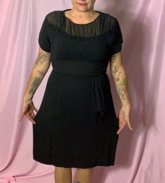 Vintage 40s Black Cocktail Dress, Large, Rayon Cre