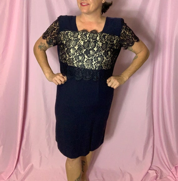 Vintage 50s Blue Cocktail Dress - Large, lace top,