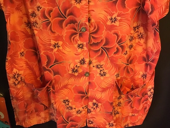 Vintage Orange Floral Tea timer Hawaiian Blouse s… - image 6