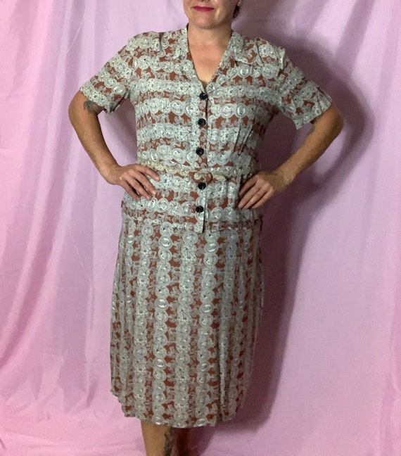 Vintage 40s Cold Rayon Dress, XL, Carmel and Cream