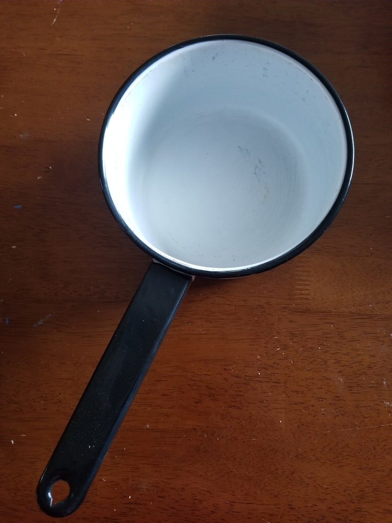 Black and White Vintage Farmhouse Enamelware Pan with Handle