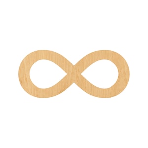 May include: A wooden infinity symbol cutout, with a light brown wood grain pattern.