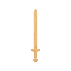 May include: A wooden sword toy, shaped like a traditional sword with a pointed tip and a cross guard. The sword is made of light brown wood and is about 12 inches long.