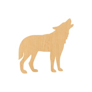May include: A wooden cutout of a wolf howling at the moon. The cutout is made of light brown wood with a grain pattern.