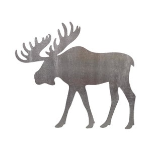 May include: A silver metal moose silhouette with a textured surface. The moose is walking with its head turned to the left.