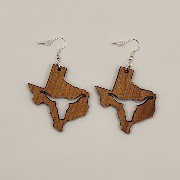 Texas Longhorn Laser Cut Alder Wood Earrings, Hook Style, Satin Finish