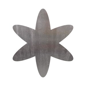 May include: A silver metal flower with five points. The flower has a textured surface.