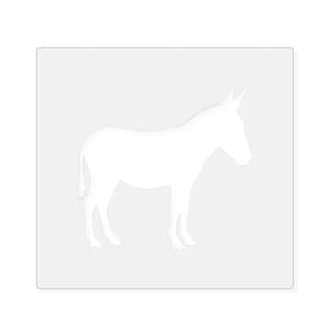 May include: A white stencil featuring the silhouette of a donkey standing in profile, facing right. The design is presented as a solid white shape against a light gray square background, showing the animal's ears, mane, and tail clearly.
