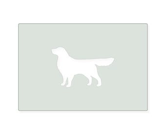 May include: A rectangular sign featuring a light gray background with a solid white silhouette of a dog standing in profile. The dog is depicted in a classic stance with its head turned slightly upward and its tail extended horizontally.