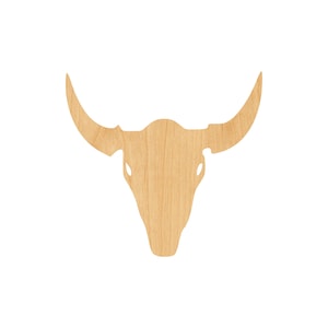 May include: A wooden cutout of a bull skull with a natural wood finish.