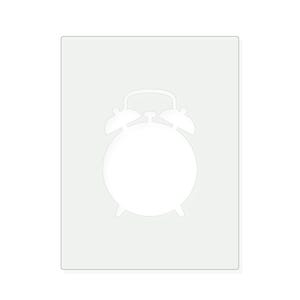 May include: A white stencil featuring the silhouette of a classic twin-bell alarm clock. The design includes a circular clock face, two bells on top, a central hammer, and two small feet at the bottom, all presented as a flat graphic cutout.