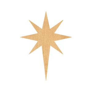 May include: A wooden star with a light brown color and a pointed tip. The star has eight points and a wood grain texture.