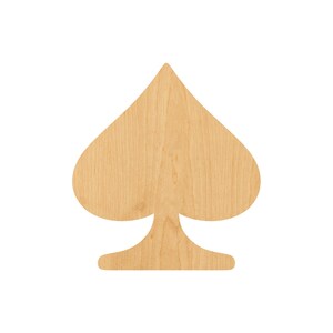 May include: A wooden cutout of a spade playing card symbol. The cutout is made of light brown wood with a natural wood grain pattern.