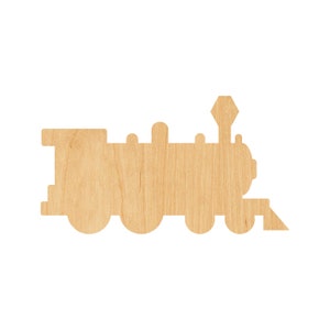 May include: Wooden cutout of a train engine with a rounded front and a chimney. The train has four wheels and a small platform on the back.