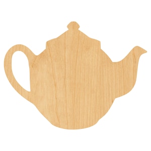 May include: A wooden cutout of a teapot with a simple design. The teapot is made of light brown wood and has a smooth, rounded shape.