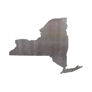 May include: A metallic gray silhouette of the state of New York.