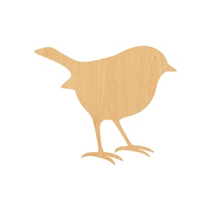 May include: A wooden cutout of a bird with a simple design. The bird is facing to the right and has a long beak and short legs.
