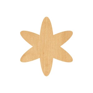 May include: A wooden cutout of a flower with five points. The flower is light brown and has a wood grain texture.