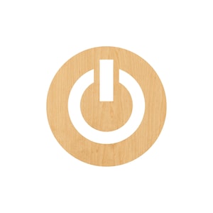 May include: A wooden circle with a white power button symbol in the center.