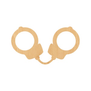 May include: Wooden cutout of a pair of handcuffs. The handcuffs are connected by a chain.