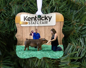 Livestock Show Christmas Ornament personalized with your photo - metal photo ornament, cattle, pig, sheep, goat, horse show, stock show