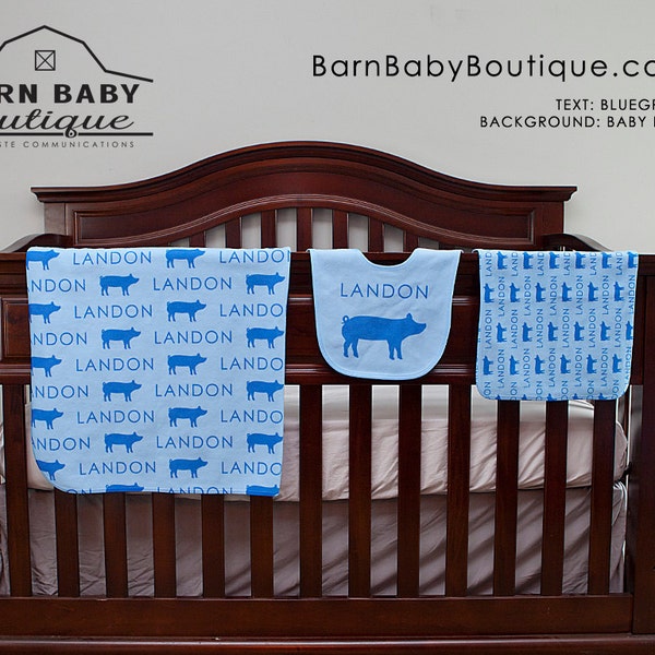 Personalized Show Pig Baby Gift Set - blanket, burp cloth and bib - farm nursery, livestock baby shower gift