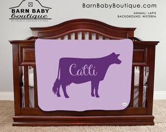 Personalized Dairy Cow Baby Name Blanket- farm nursery, swaddle receiving blanket, dairy show baby shower gift, fleece minky sherpa knit