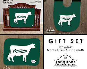 Personalized Dairy Cow Baby Name Gift Set - blanket, burp cloth and bib - farm nursery, livestock baby shower gift