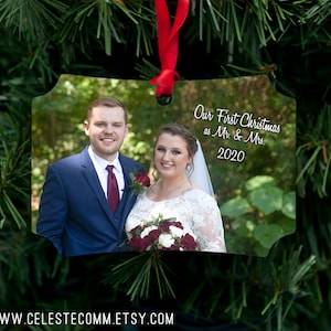 First Christmas Ornament - Married &quot;First Christmas as Mr. and Mrs.&quot; - metal photo ornament customized with wedding photo, personalized