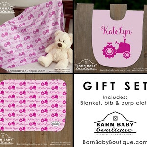 Personalized Tractor Baby Gift Set - blanket, burp cloth and bib - farm nursery, baby shower gift