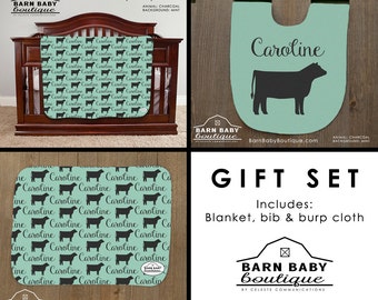Personalized Show Steer Baby Gift Set - blanket, burp cloth and bib - farm nursery, livestock baby shower gift