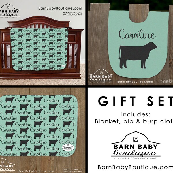 Personalized Show Steer Baby Gift Set - blanket, burp cloth and bib - farm nursery, livestock baby shower gift