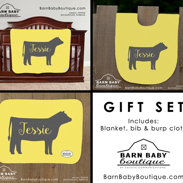 Personalized Show Steer Baby Name Gift Set - blanket, burp cloth and bib - farm nursery, livestock baby shower gift